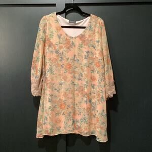 Astr the label coral multi floral midi dress chiffon embroidered  size large